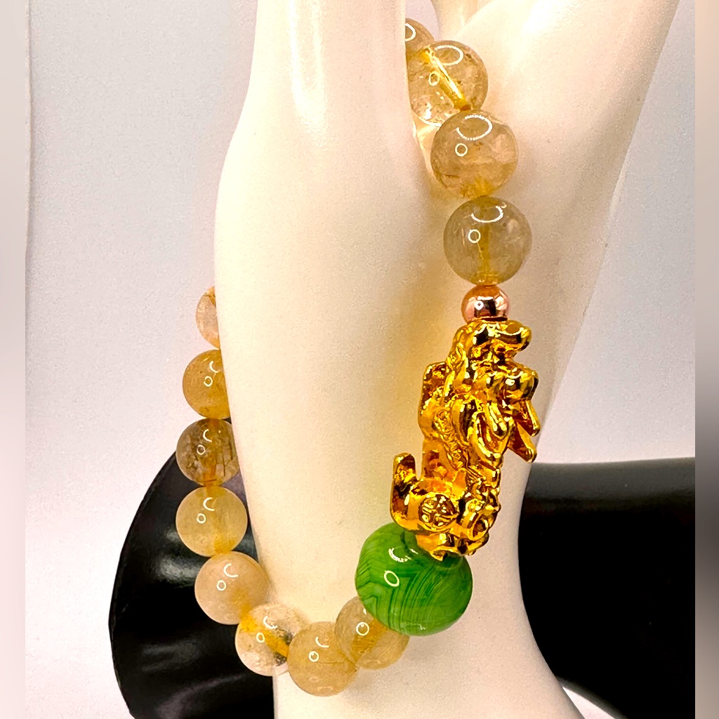 Gold Rutilant + Gold Pixiu Natural Bracelet Size 7”